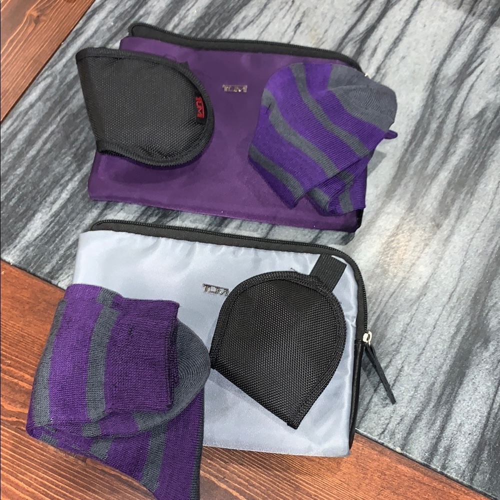 Tumi Purple and Gray Travel Pouches with Socks and sleep masks